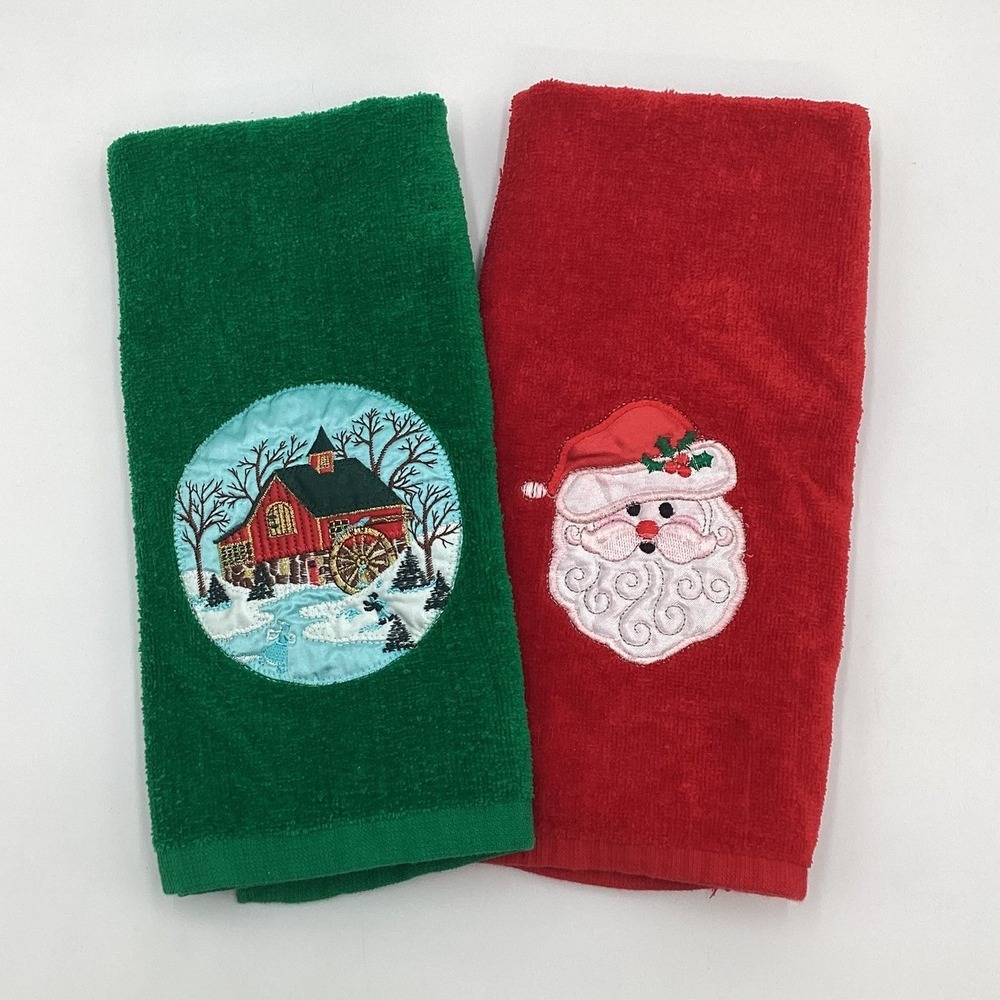 Set of 2‎ Vintage Cannon Christmas Towels Set Red Santa Green Barn Winter Scene